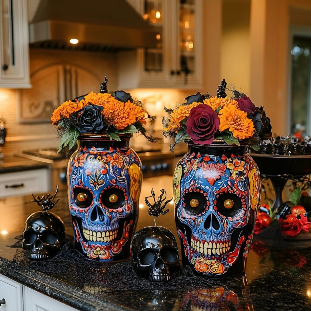 10. Sugar Skull Cookie Jars and Festive Halloween Counter Décor