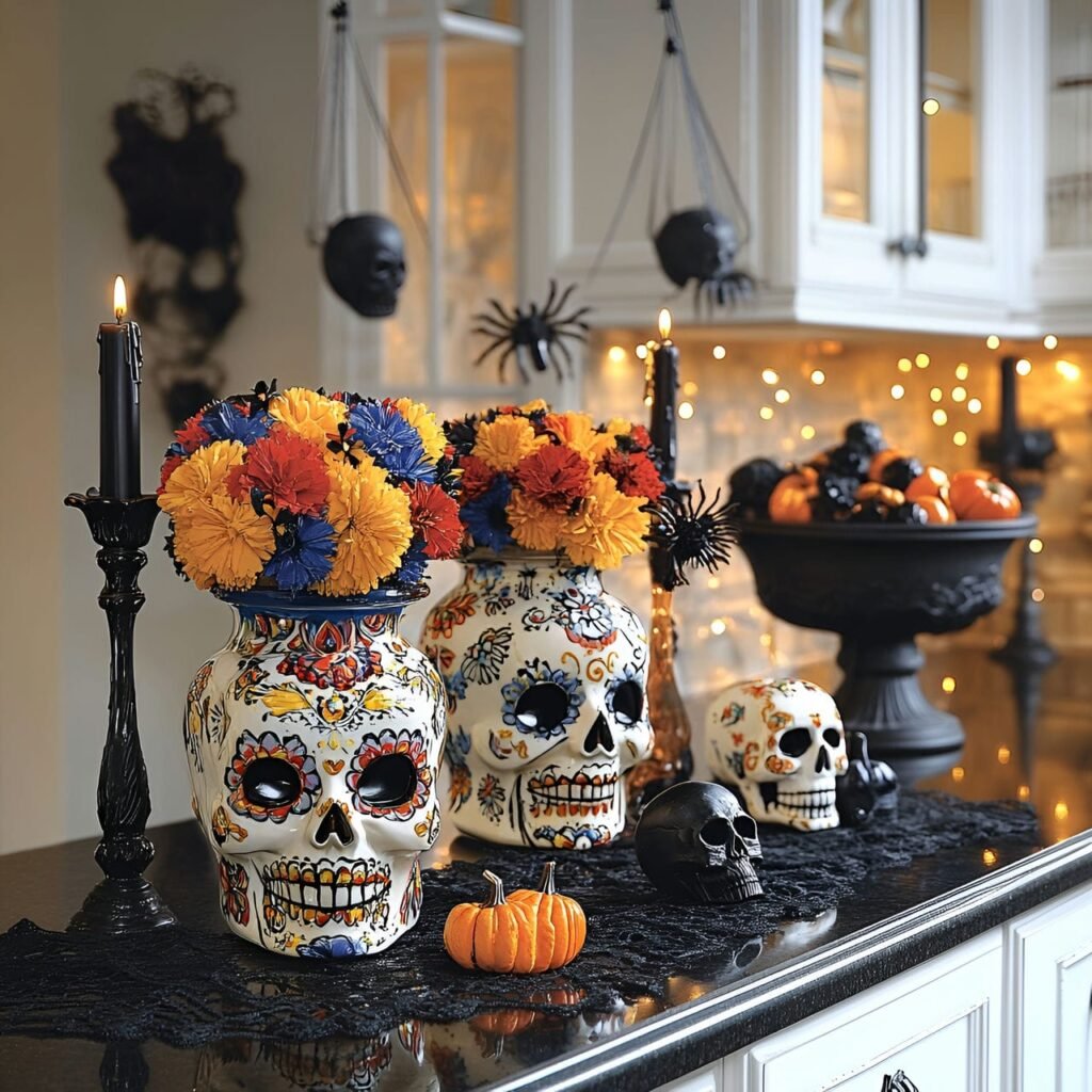 10. Sugar Skull Cookie Jars and Festive Halloween Counter Décor