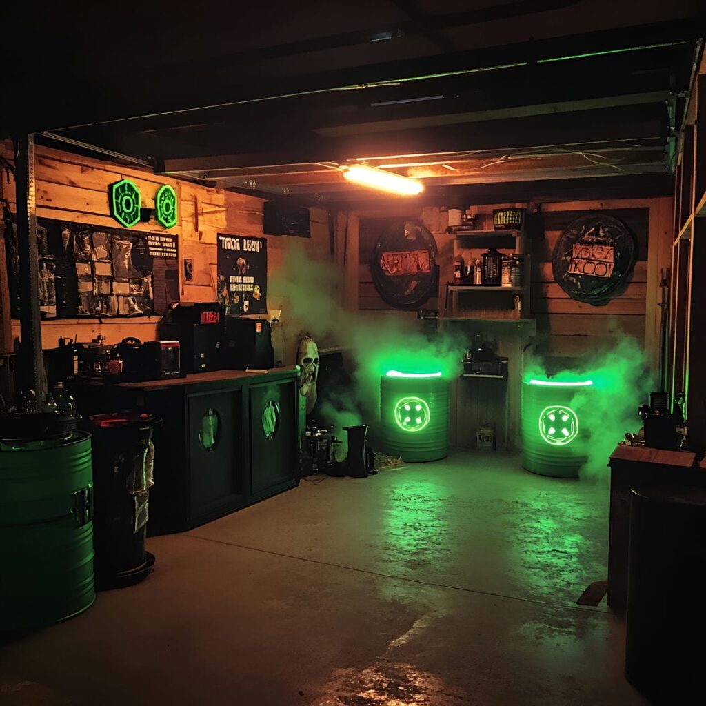 17. Toxic Waste Garage with Glowing Barrels and Hazard Signs