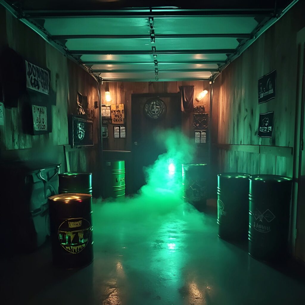 17. Toxic Waste Garage with Glowing Barrels and Hazard Signs