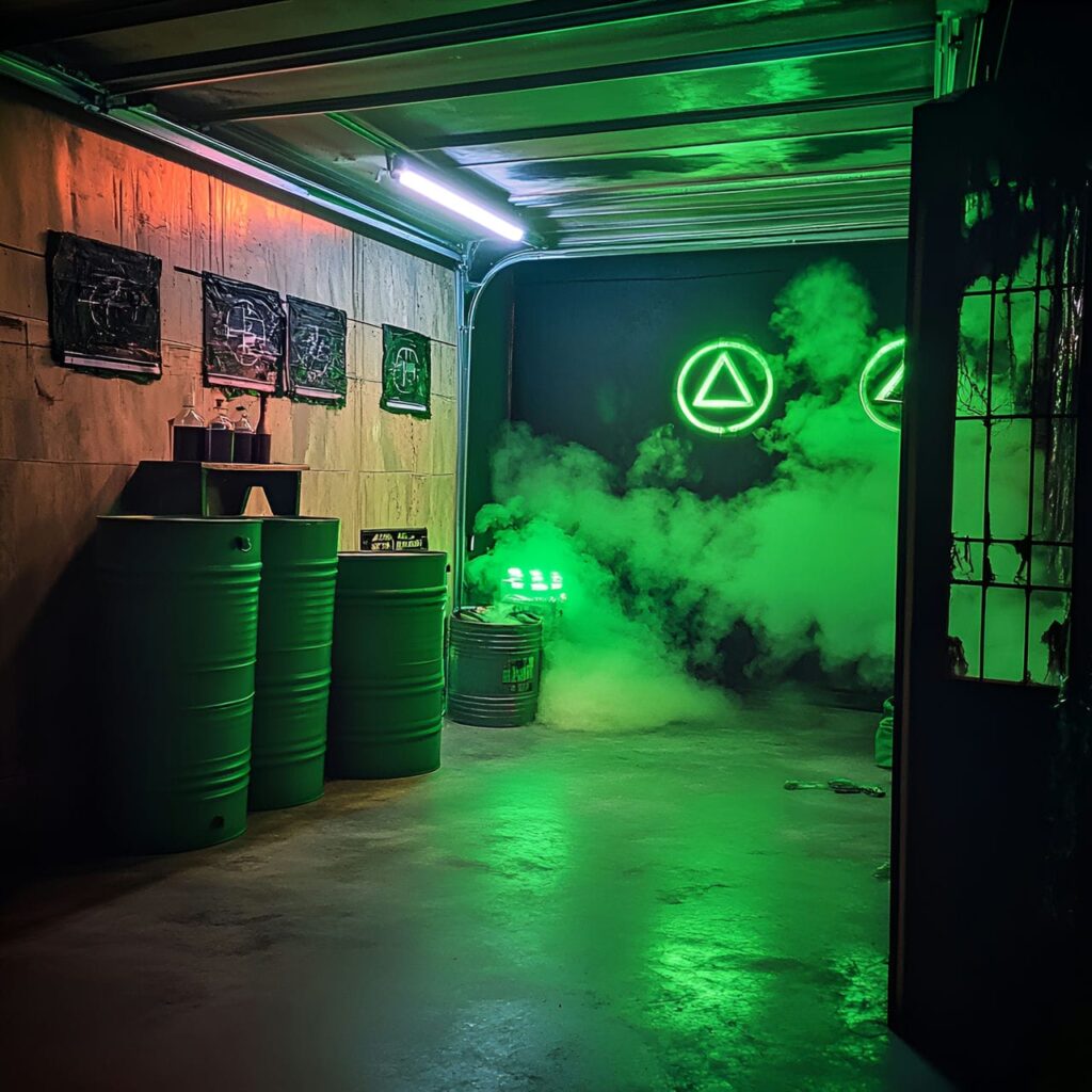 17. Toxic Waste Garage with Glowing Barrels and Hazard Signs