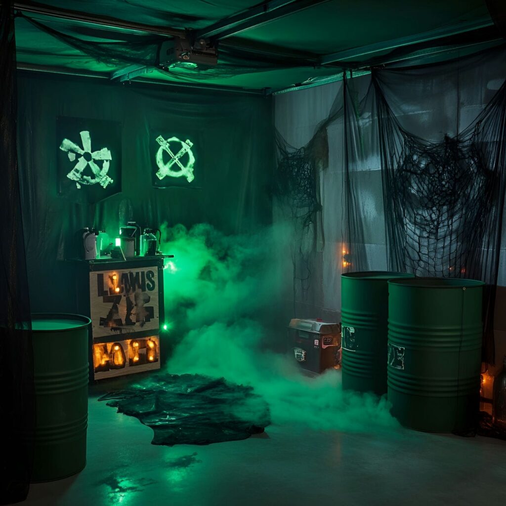 17. Toxic Waste Garage with Glowing Barrels and Hazard Signs