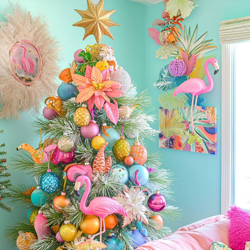 19. Tropical Paradise Tree With Flamingos and Pineapple Ornaments