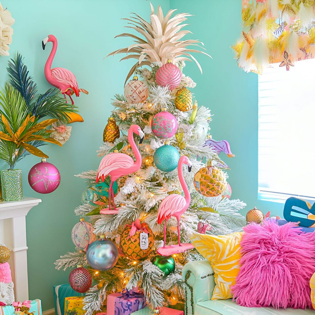 19. Tropical Paradise Tree With Flamingos and Pineapple Ornaments