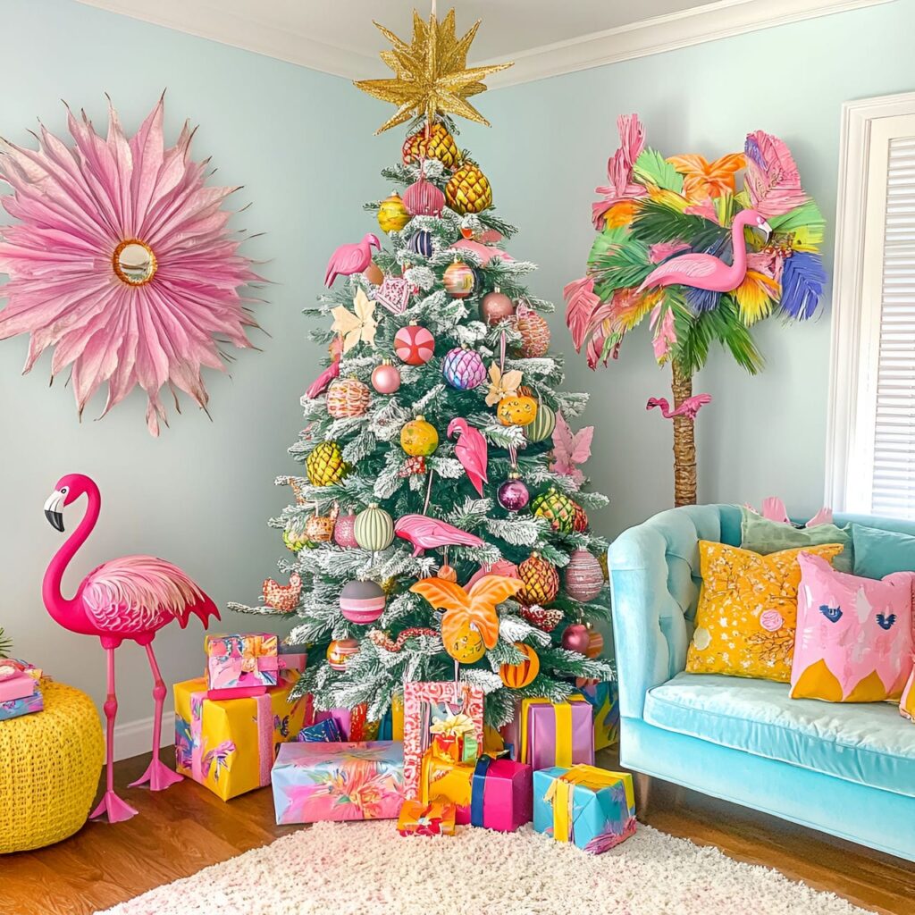 19. Tropical Paradise Tree With Flamingos and Pineapple Ornaments