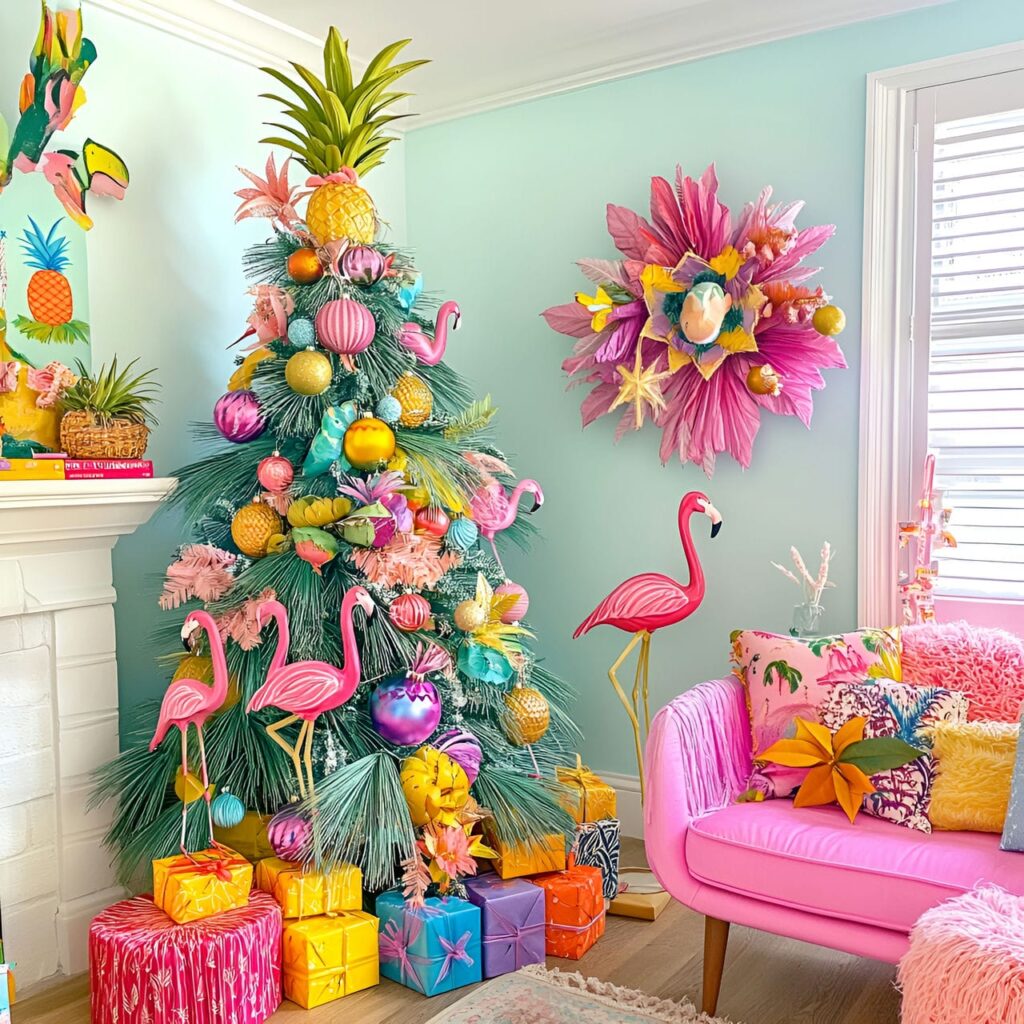 19. Tropical Paradise Tree With Flamingos and Pineapple Ornaments