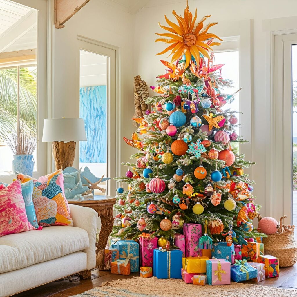 19. Tropical Paradise Tree With Flamingos and Pineapple Ornaments