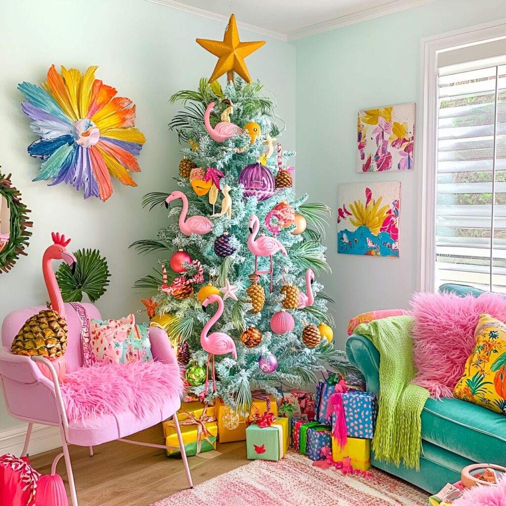 19. Tropical Paradise Tree With Flamingos and Pineapple Ornaments