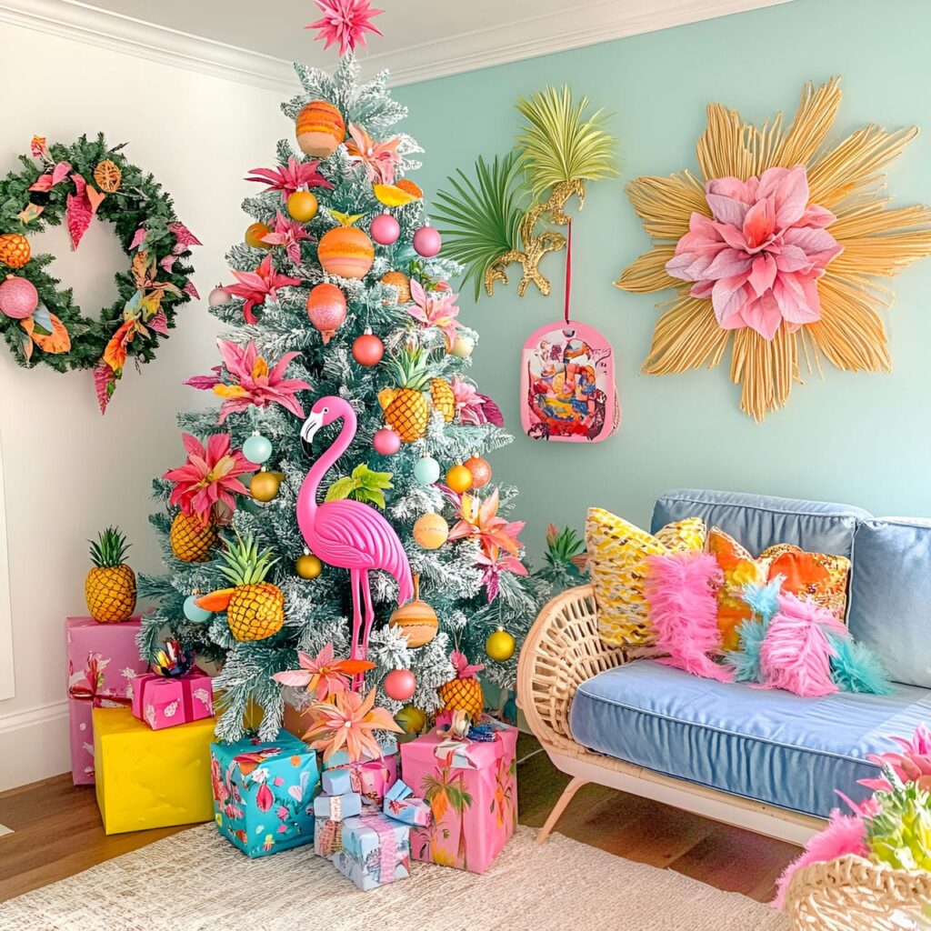 19. Tropical Paradise Tree With Flamingos and Pineapple Ornaments