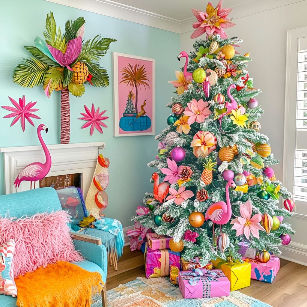 19. Tropical Paradise Tree With Flamingos and Pineapple Ornaments