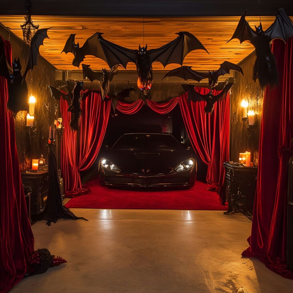 12. Vampire Lair Garage with Red Velvet Curtains and Candlelight