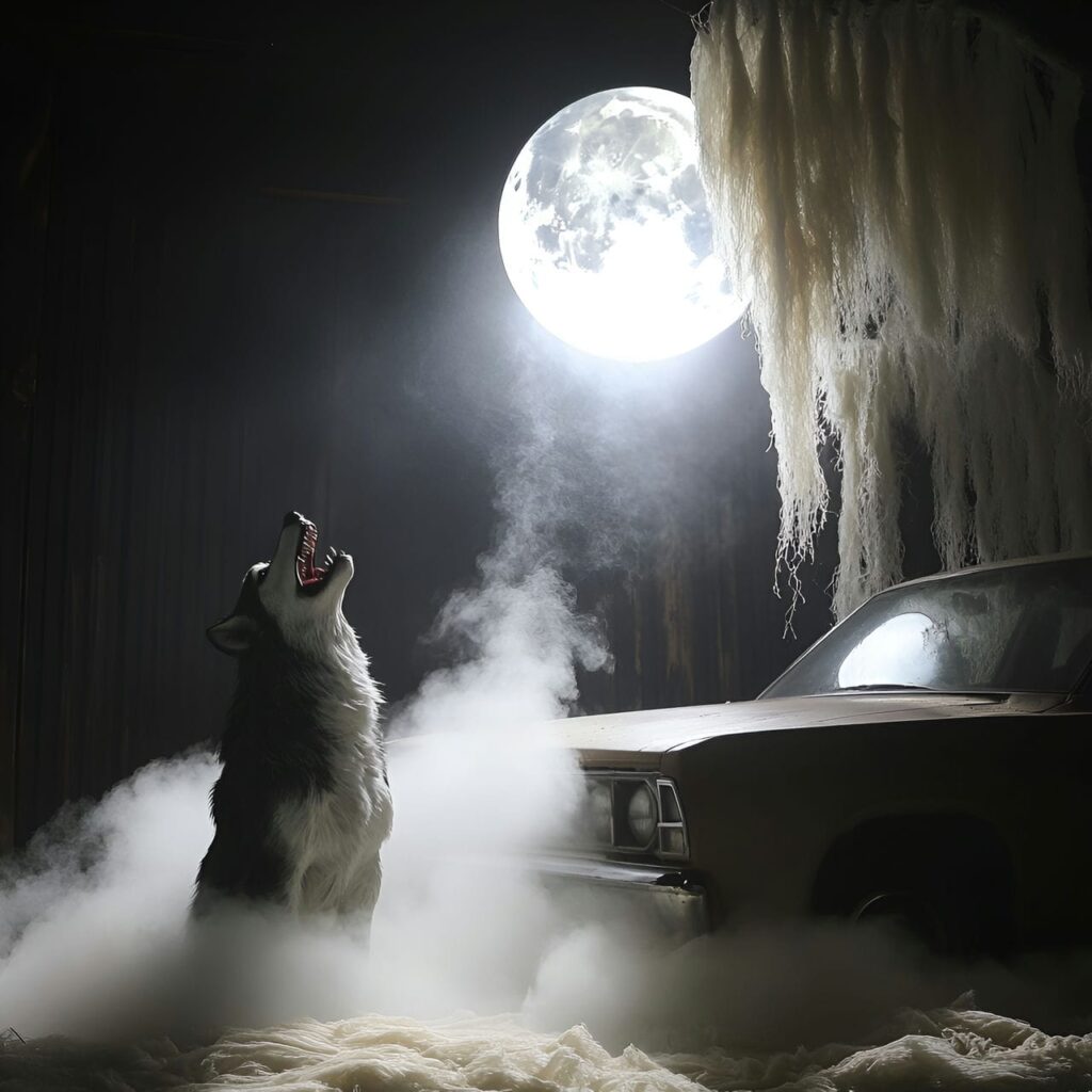 14. Werewolf Den Garage with Howling Figures and Full Moon Lighting