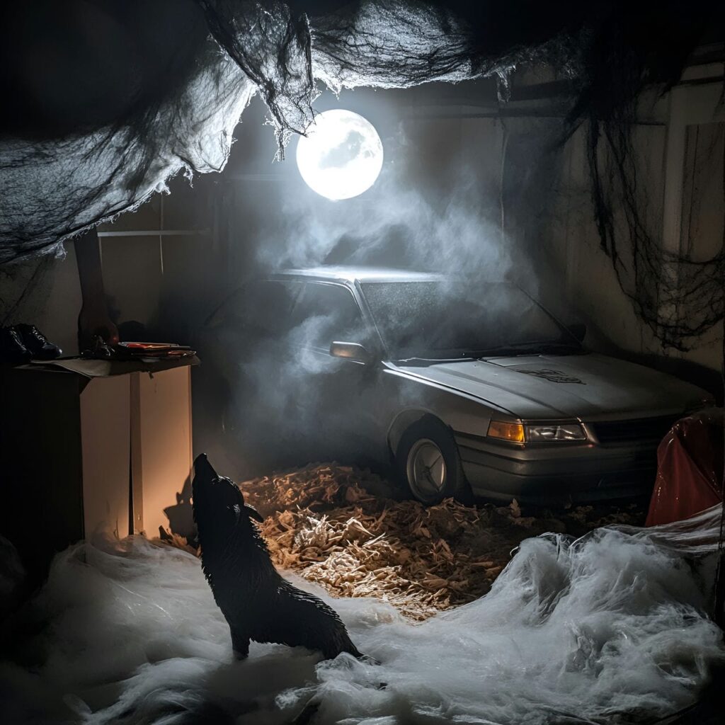 14. Werewolf Den Garage with Howling Figures and Full Moon Lighting