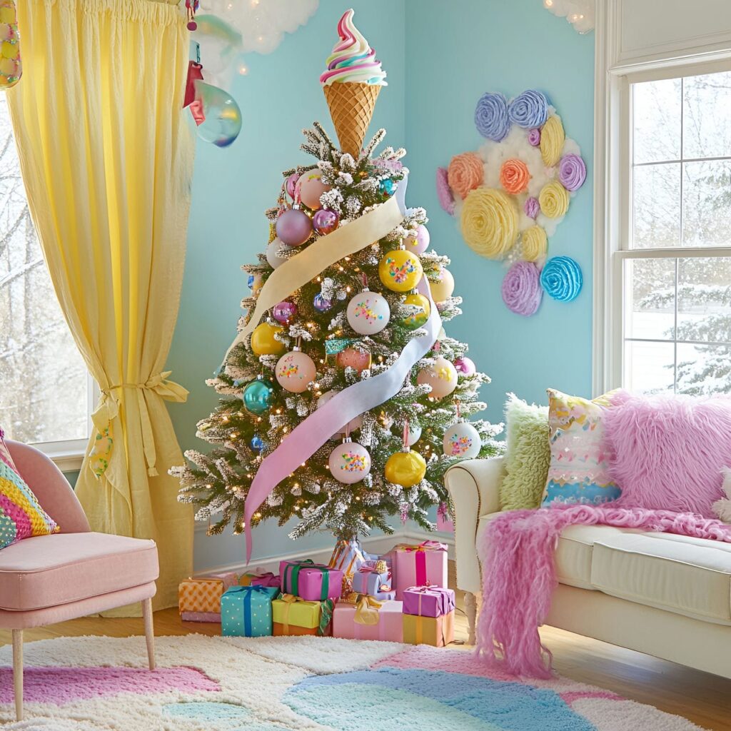 20. Whimsical Ice Cream Cone Tree With Colorful Faux Syrup and Sprinkles