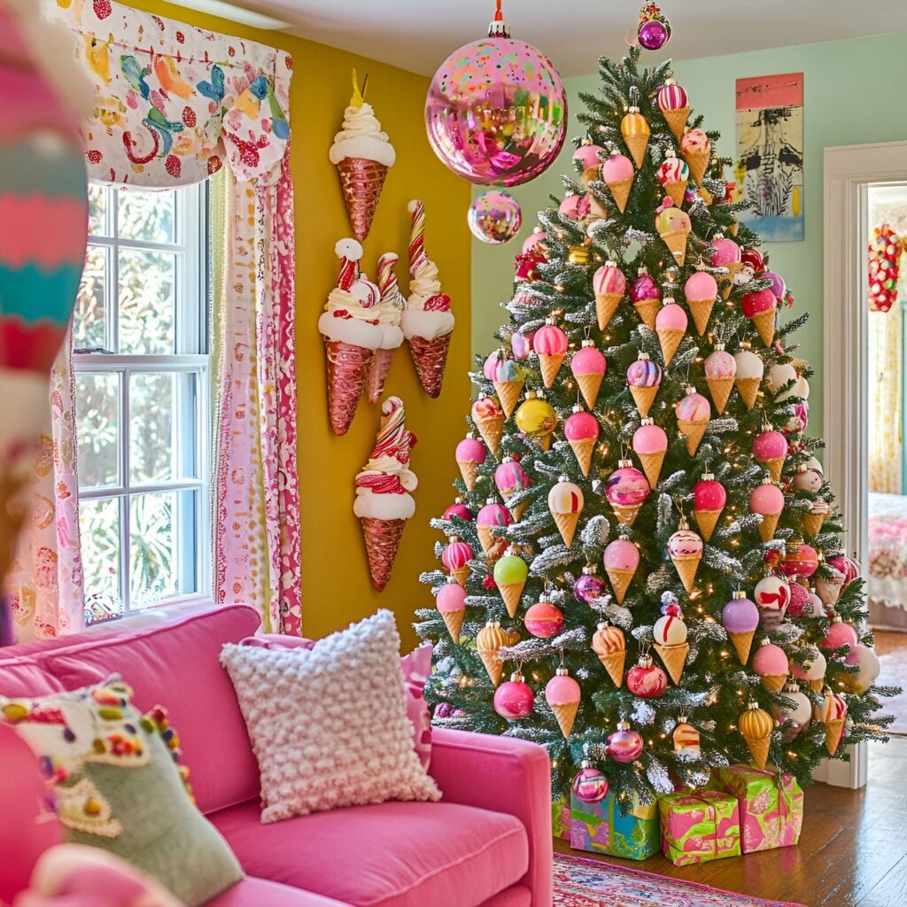 20. Whimsical Ice Cream Cone Tree With Colorful Faux Syrup and Sprinkles