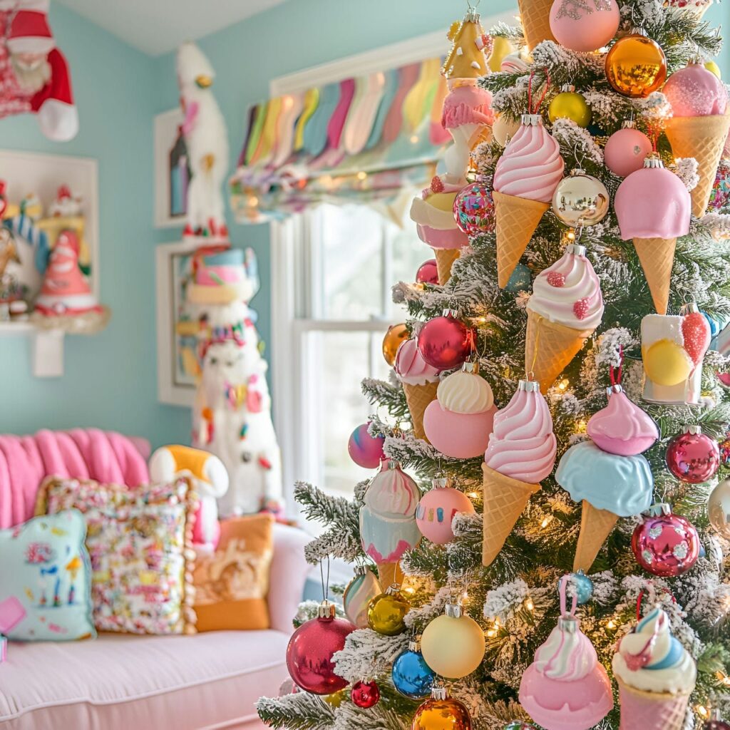 20. Whimsical Ice Cream Cone Tree With Colorful Faux Syrup and Sprinkles