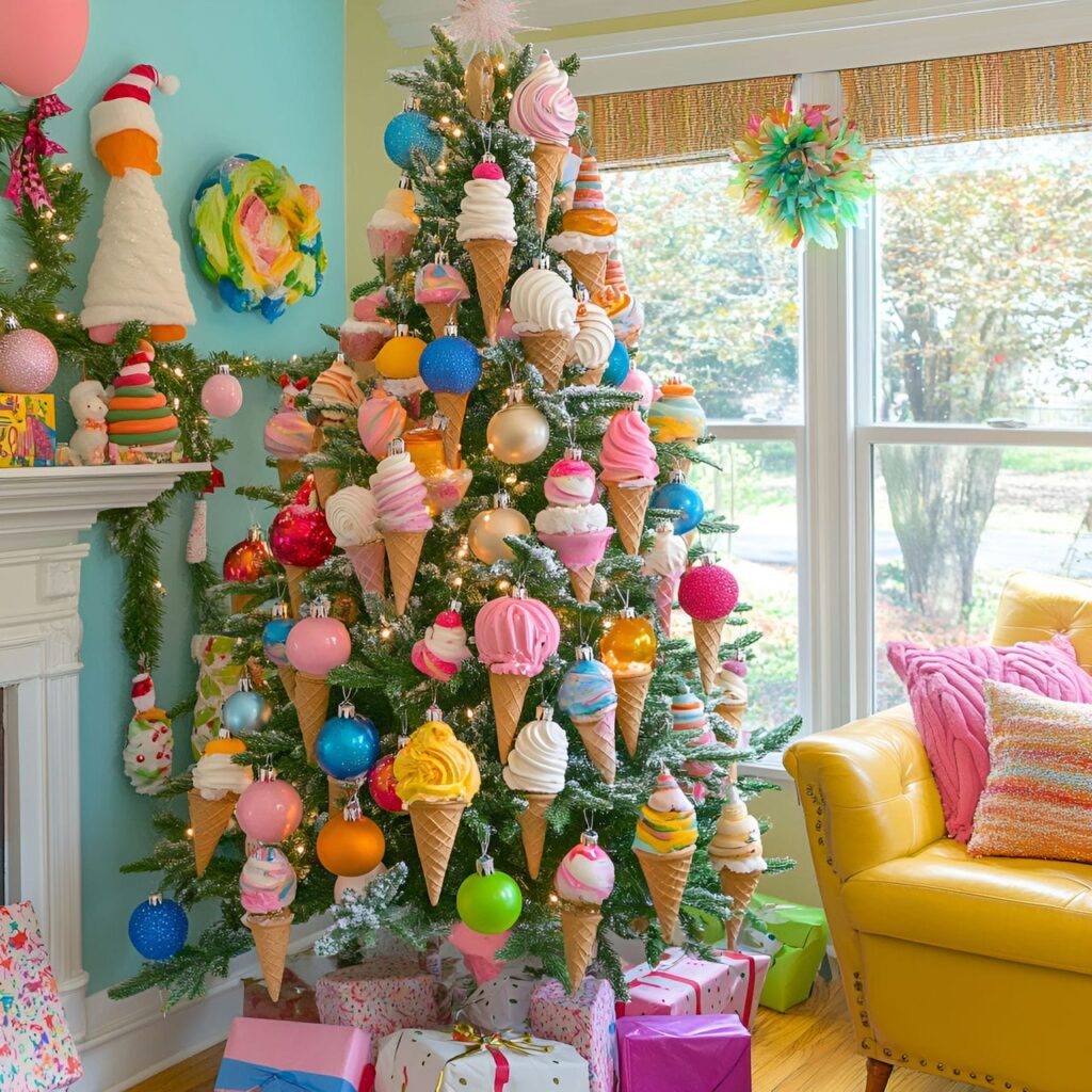 20. Whimsical Ice Cream Cone Tree With Colorful Faux Syrup and Sprinkles