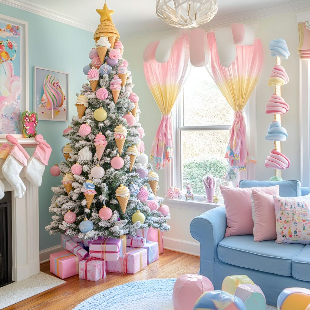 20. Whimsical Ice Cream Cone Tree With Colorful Faux Syrup and Sprinkles