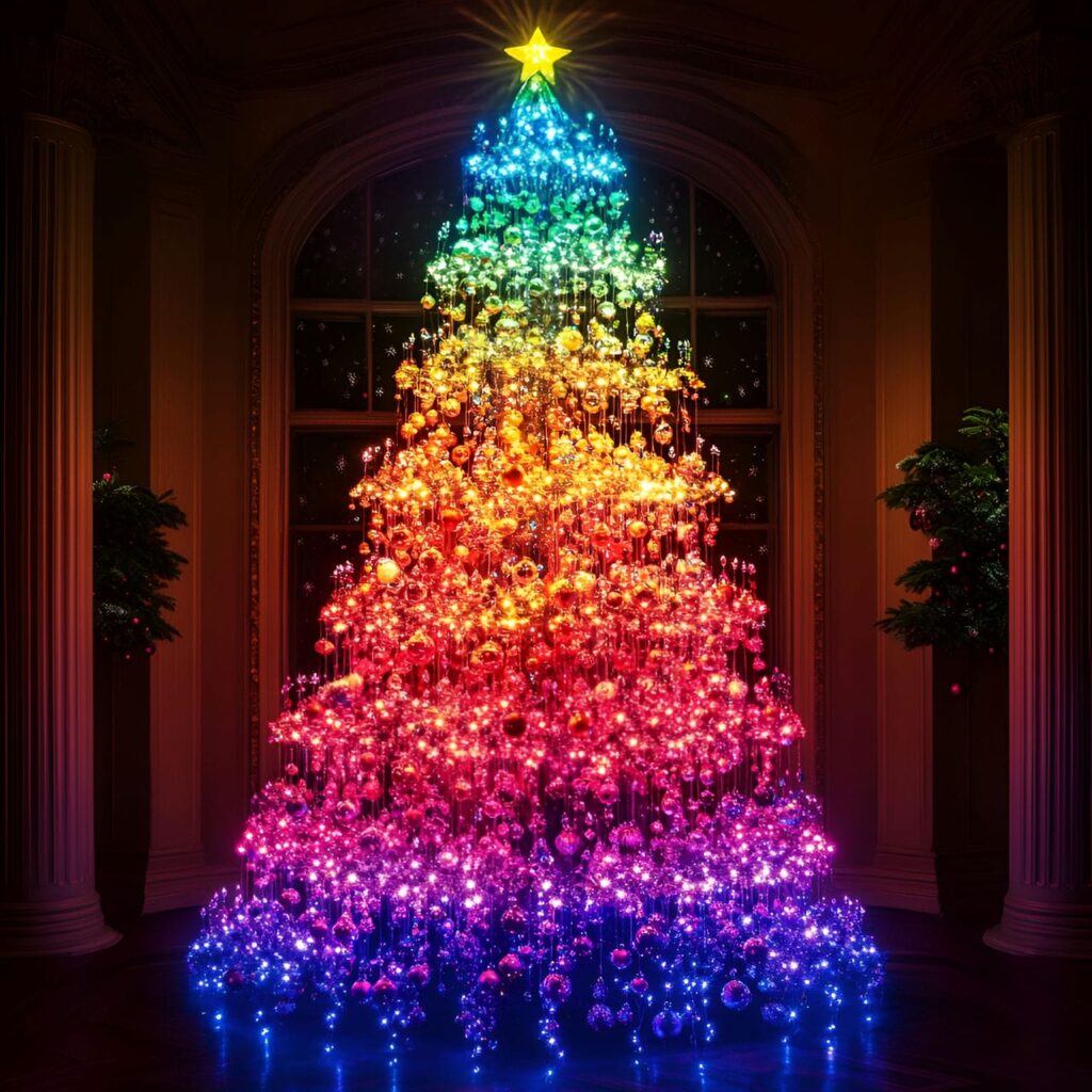 10. Whimsical Rainbow Lights Tree With Cascading Bright Lights