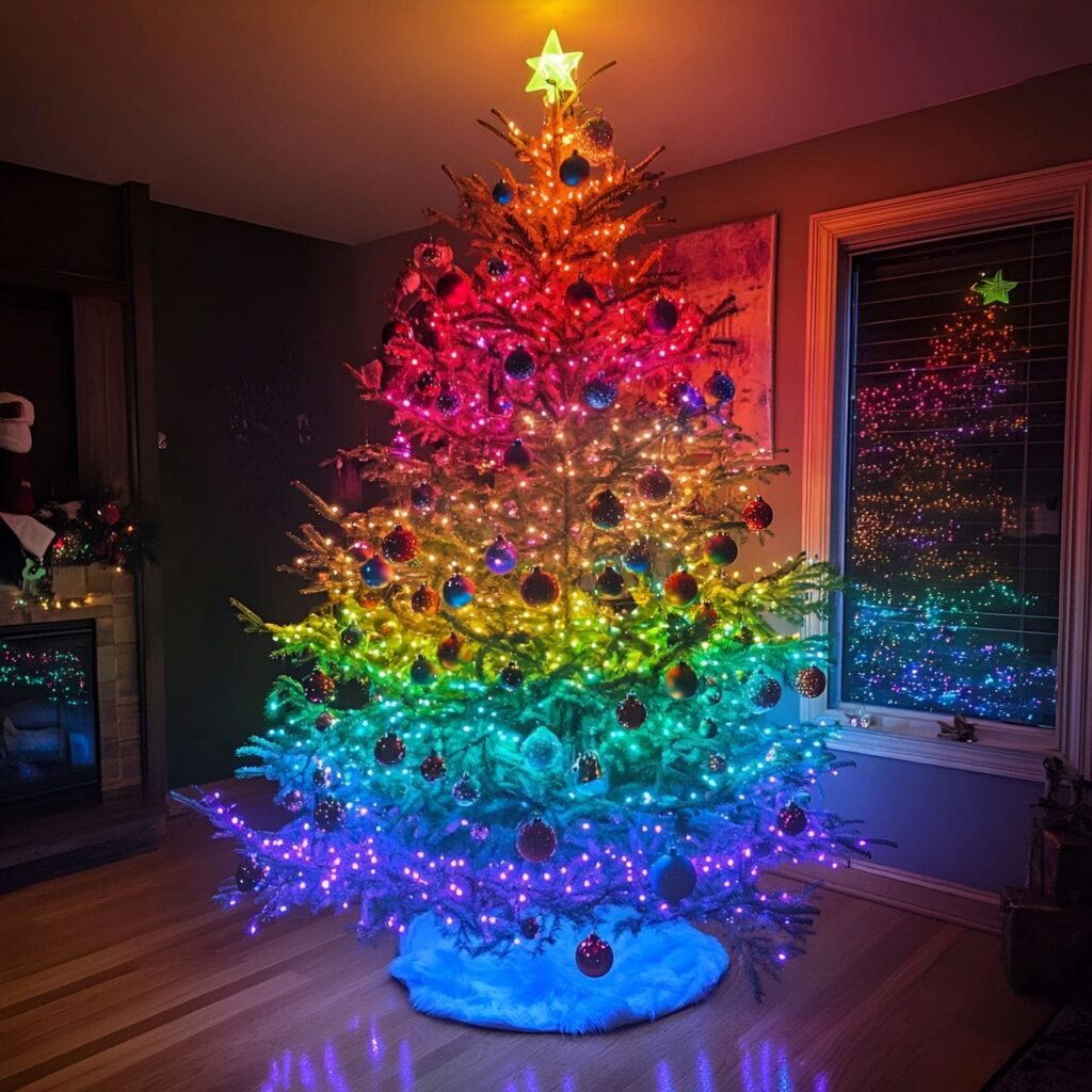 10. Whimsical Rainbow Lights Tree With Cascading Bright Lights