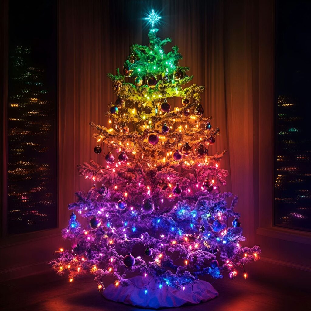 10. Whimsical Rainbow Lights Tree With Cascading Bright Lights