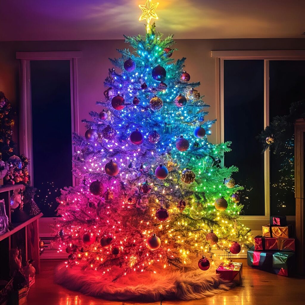 10. Whimsical Rainbow Lights Tree With Cascading Bright Lights