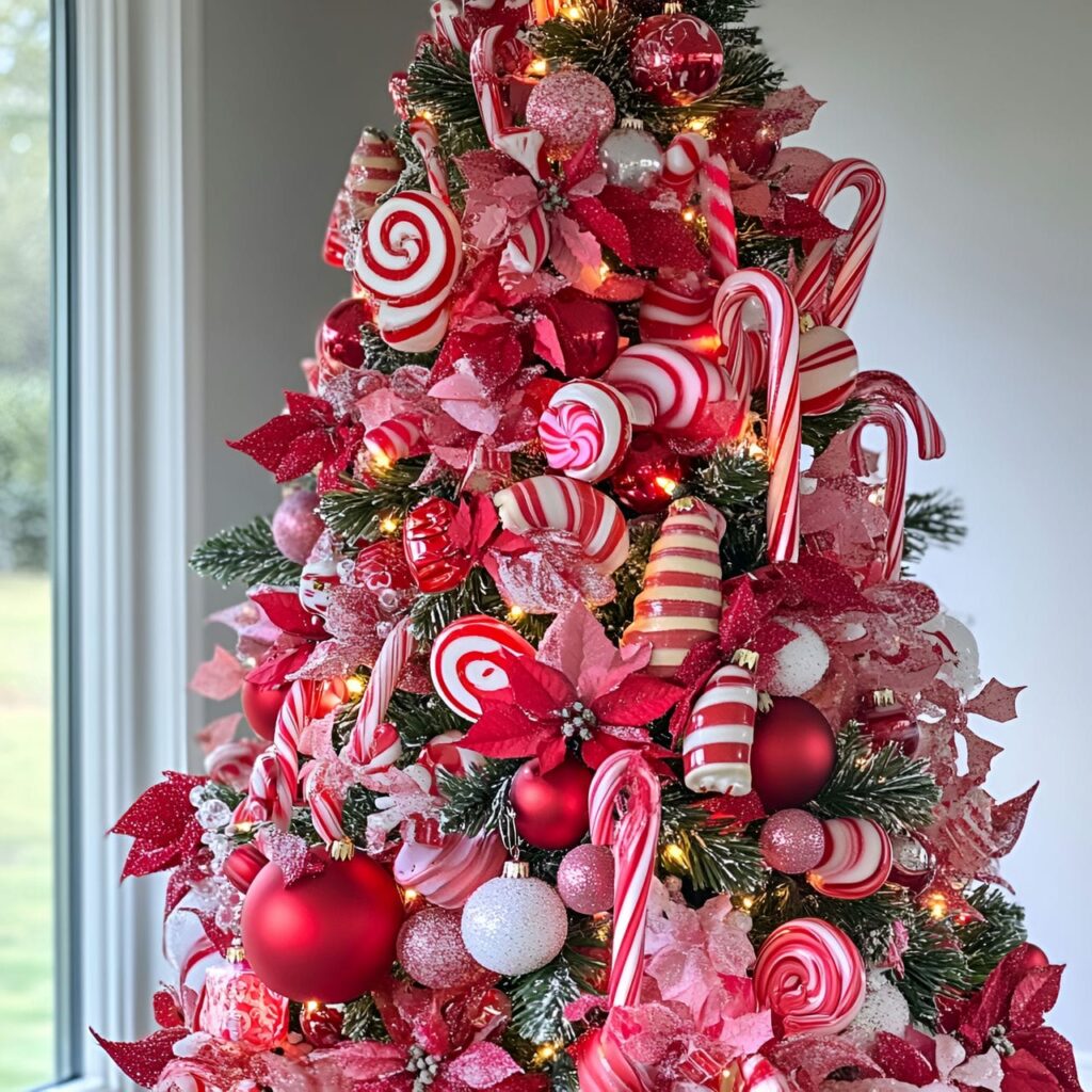 03. Whimsical Red Candy Tree with Festive Sweet Decorations