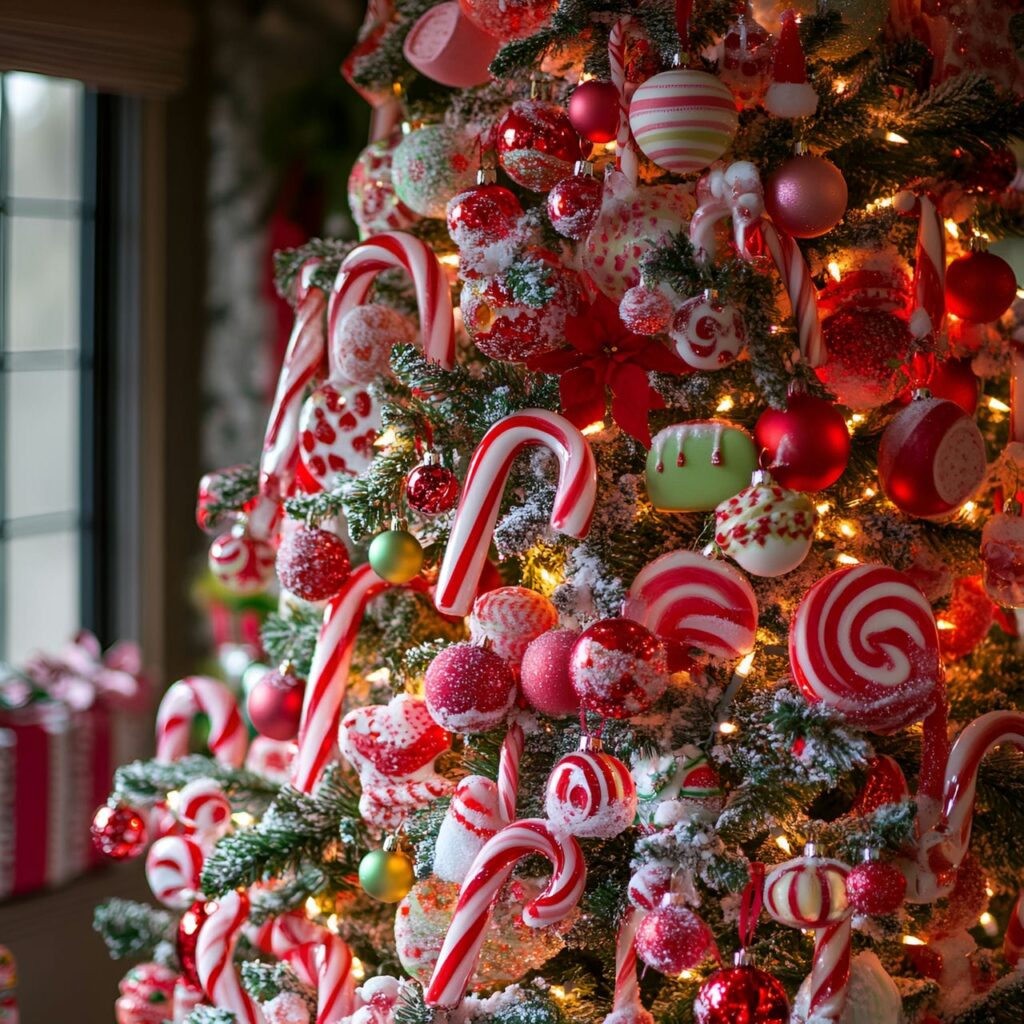 03. Whimsical Red Candy Tree with Festive Sweet Decorations