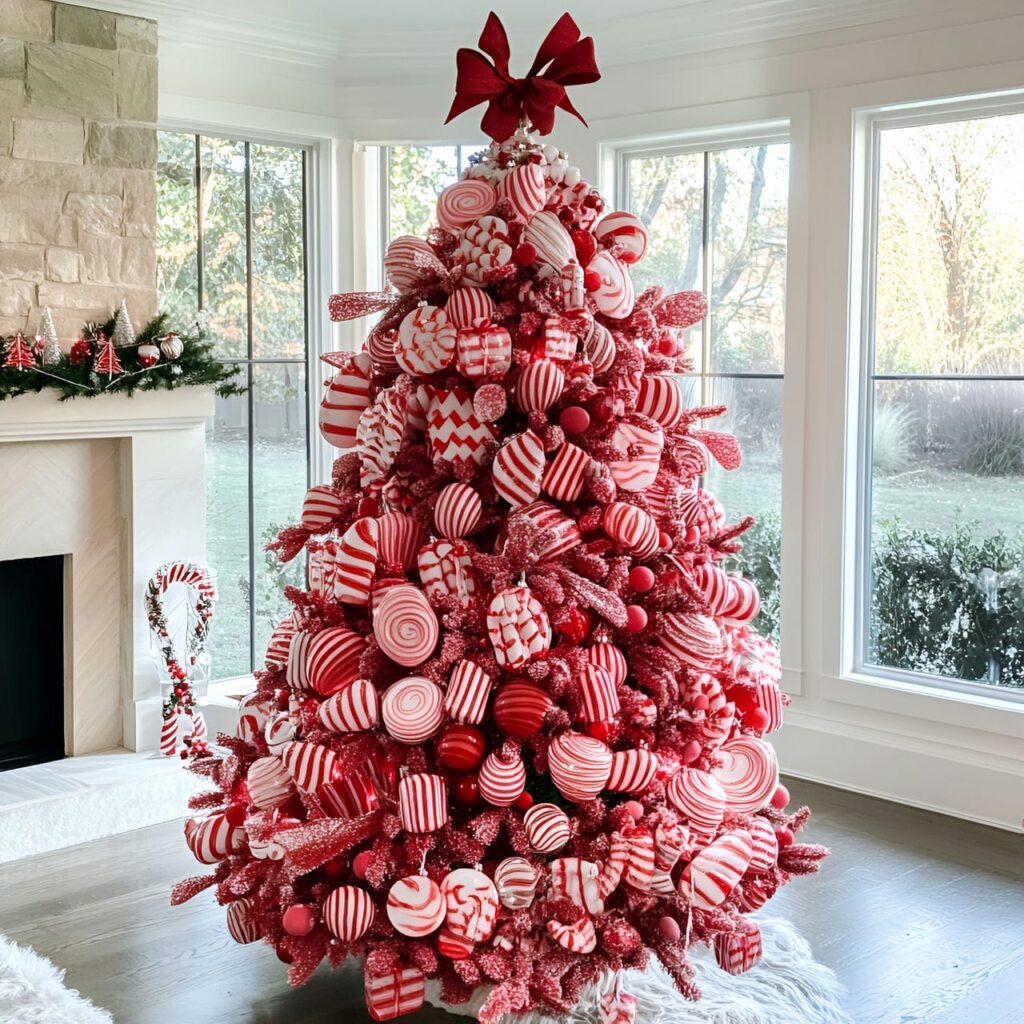 03. Whimsical Red Candy Tree with Festive Sweet Decorations