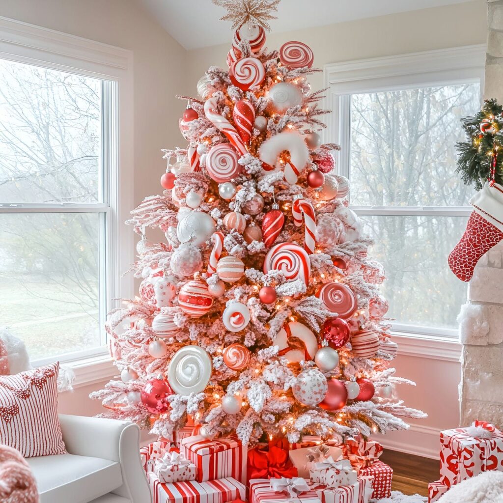 03. Whimsical Red Candy Tree with Festive Sweet Decorations