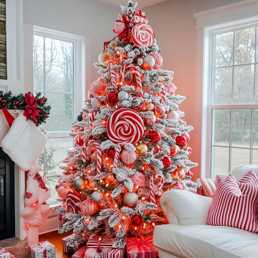 03. Whimsical Red Candy Tree with Festive Sweet Decorations