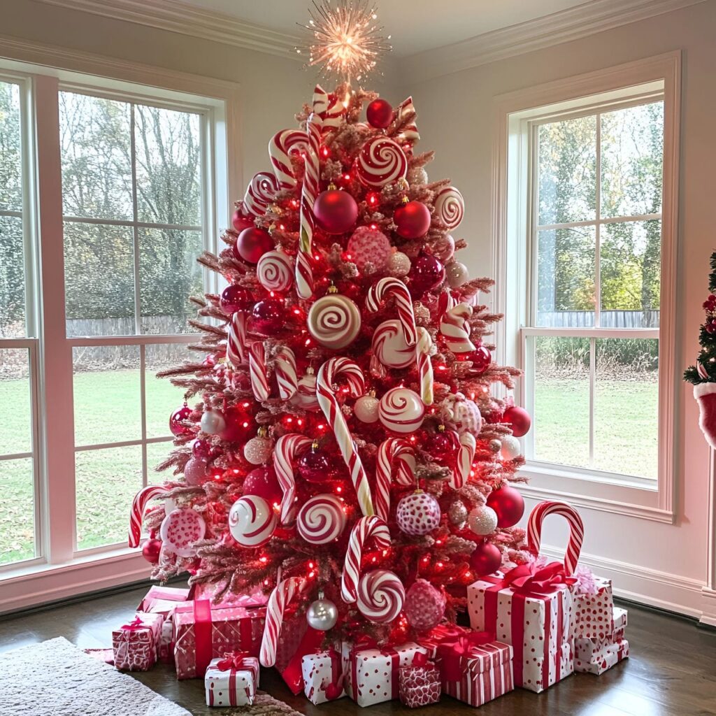 03. Whimsical Red Candy Tree with Festive Sweet Decorations