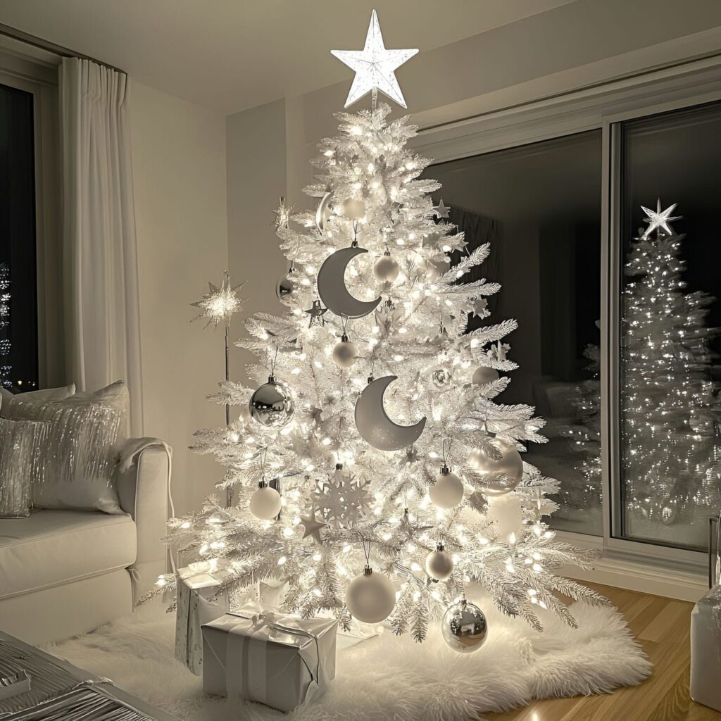 10. Whimsical White Tree with Playful Moon Ornaments