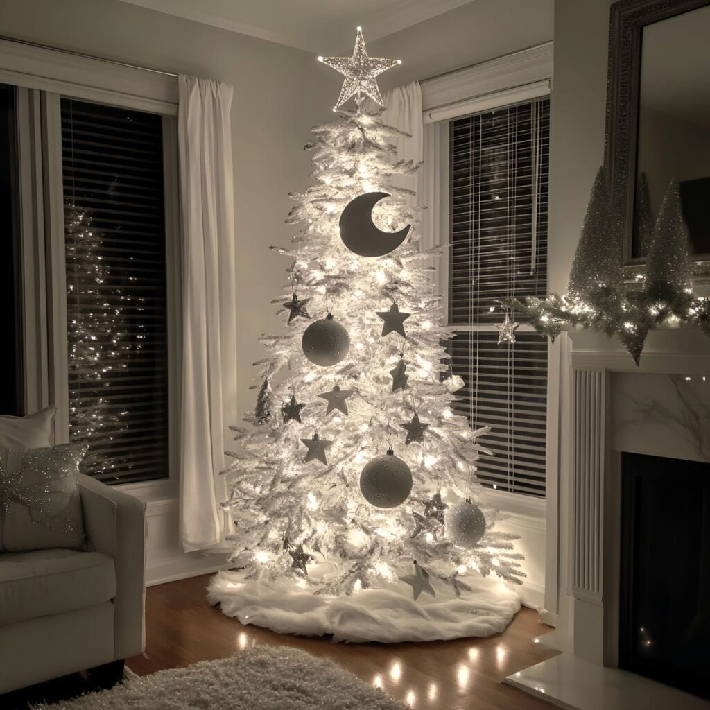 10. Whimsical White Tree with Playful Moon Ornaments