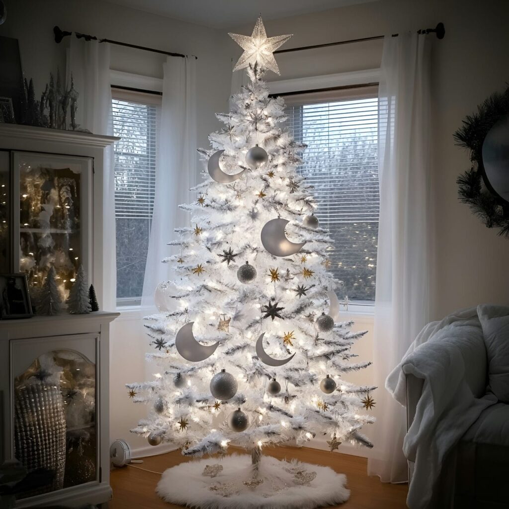 10. Whimsical White Tree with Playful Moon Ornaments