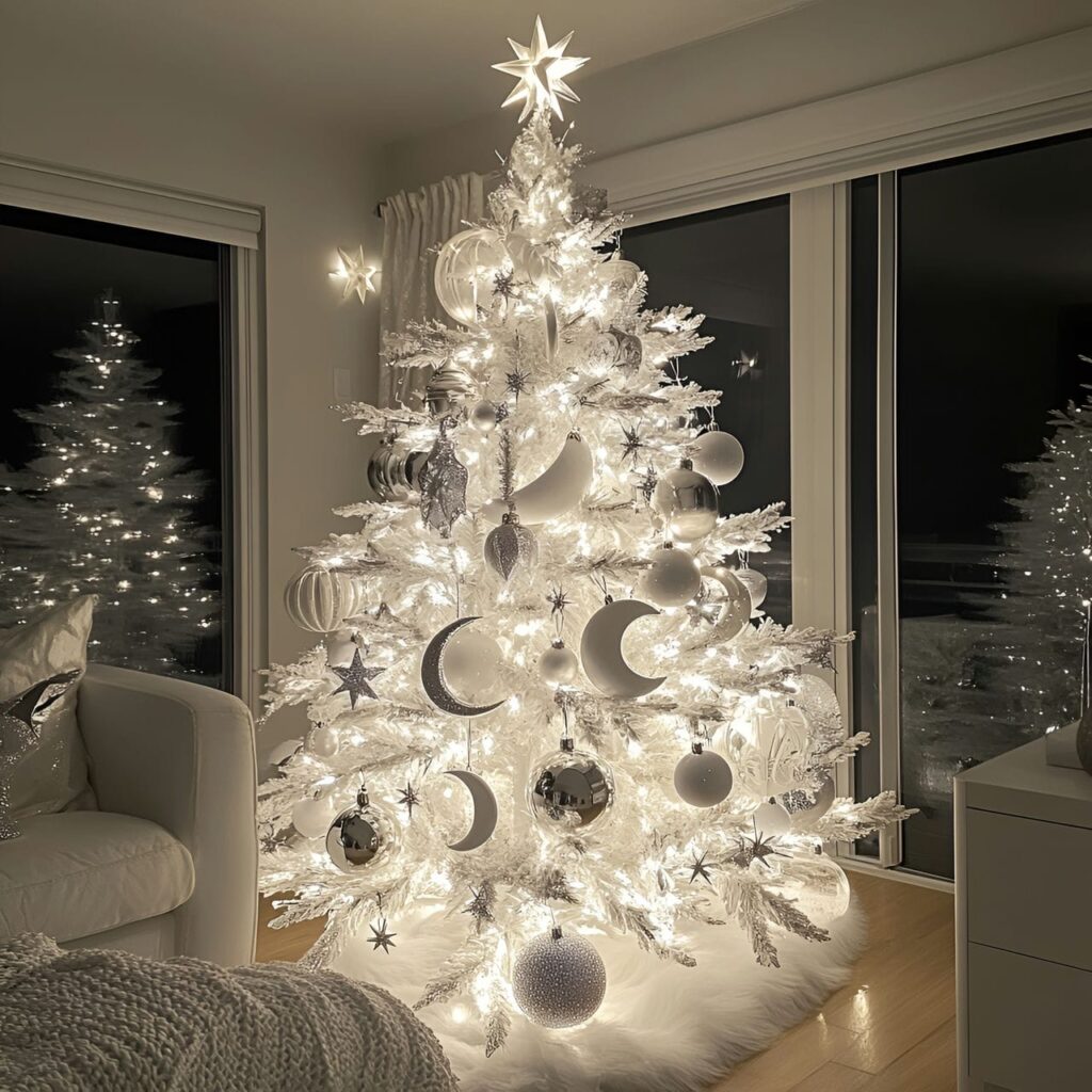 10. Whimsical White Tree with Playful Moon Ornaments