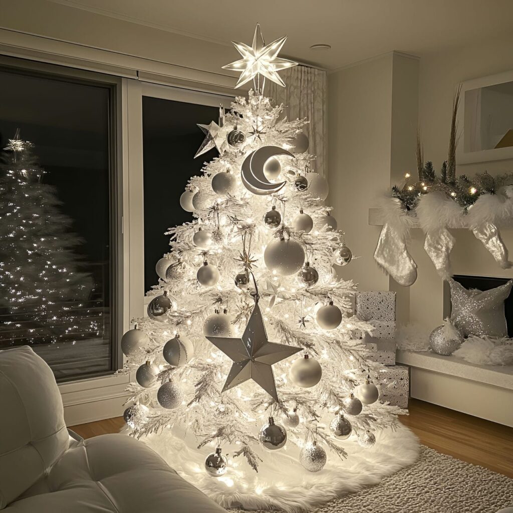 10. Whimsical White Tree with Playful Moon Ornaments