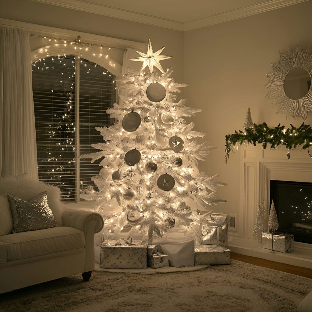 10. Whimsical White Tree with Playful Moon Ornaments