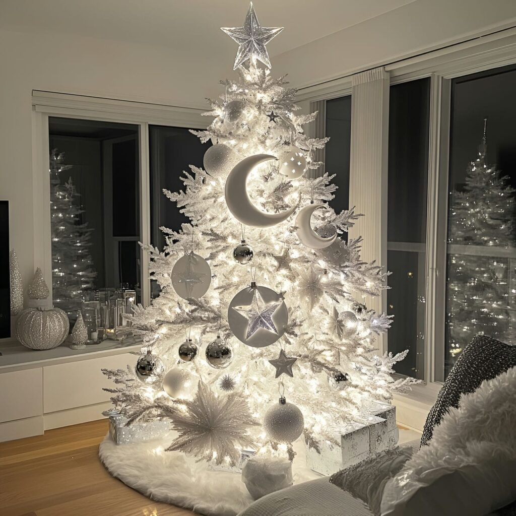 10. Whimsical White Tree with Playful Moon Ornaments