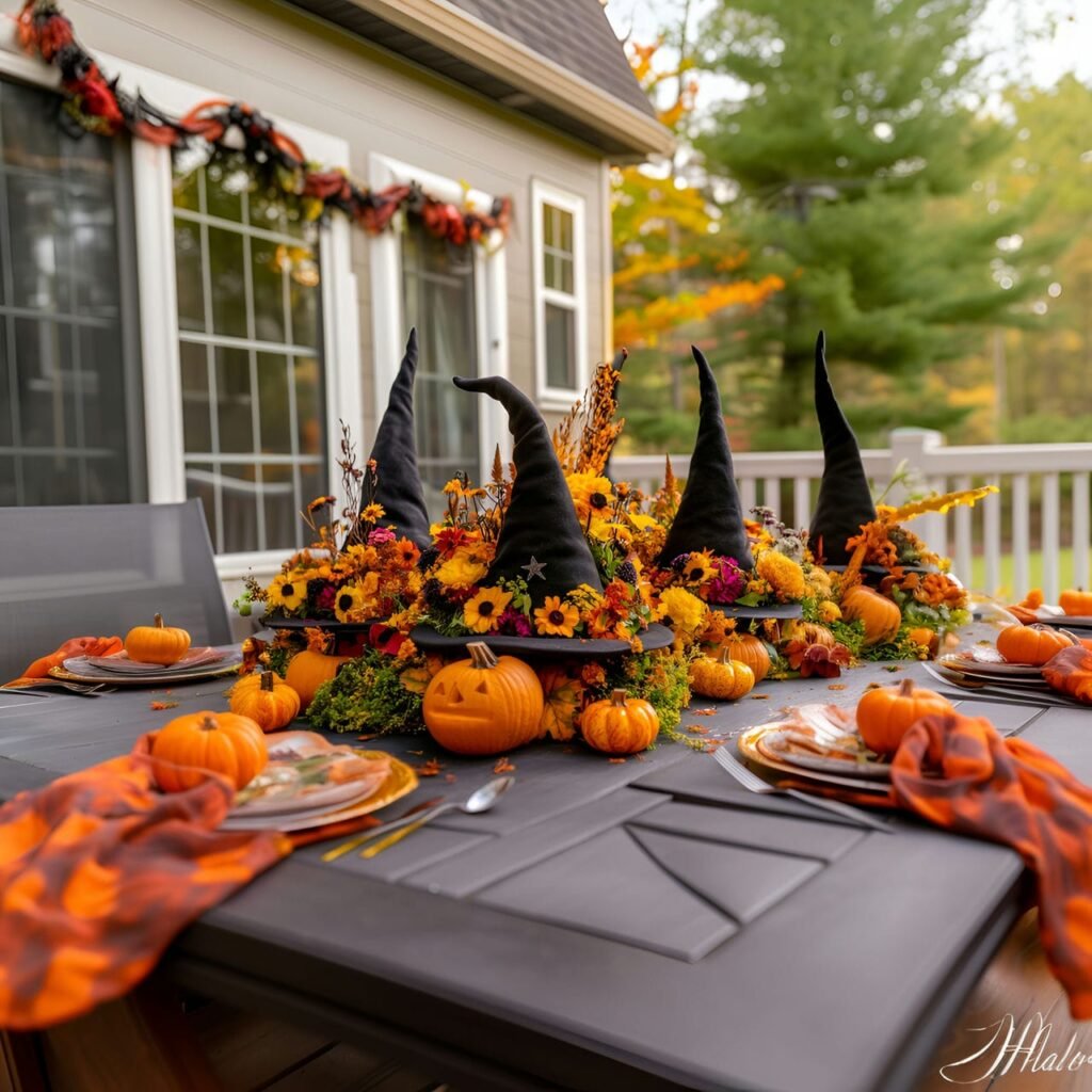 04. Whimsical Witch Hat Centerpiece with Fall Flowers