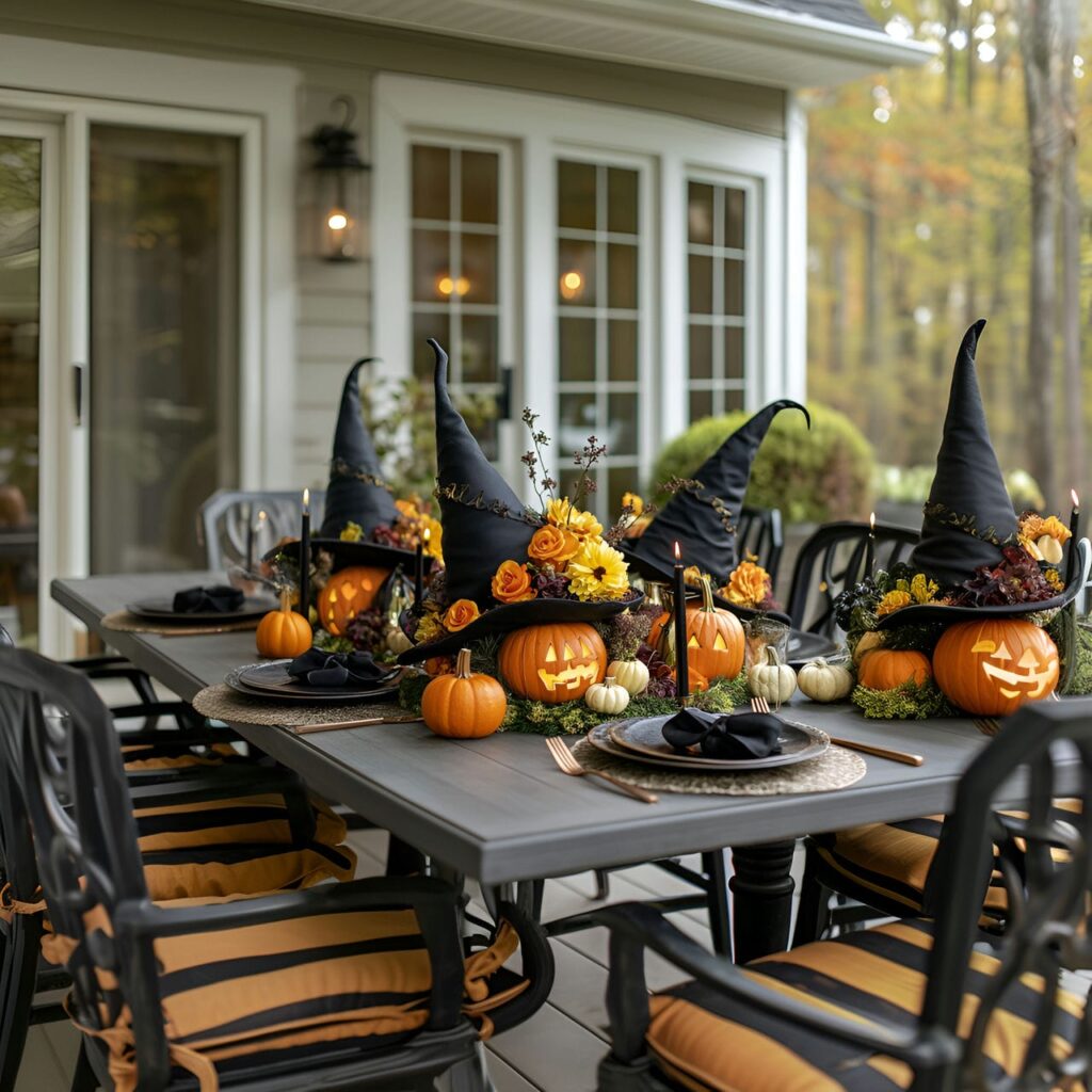 04. Whimsical Witch Hat Centerpiece with Fall Flowers