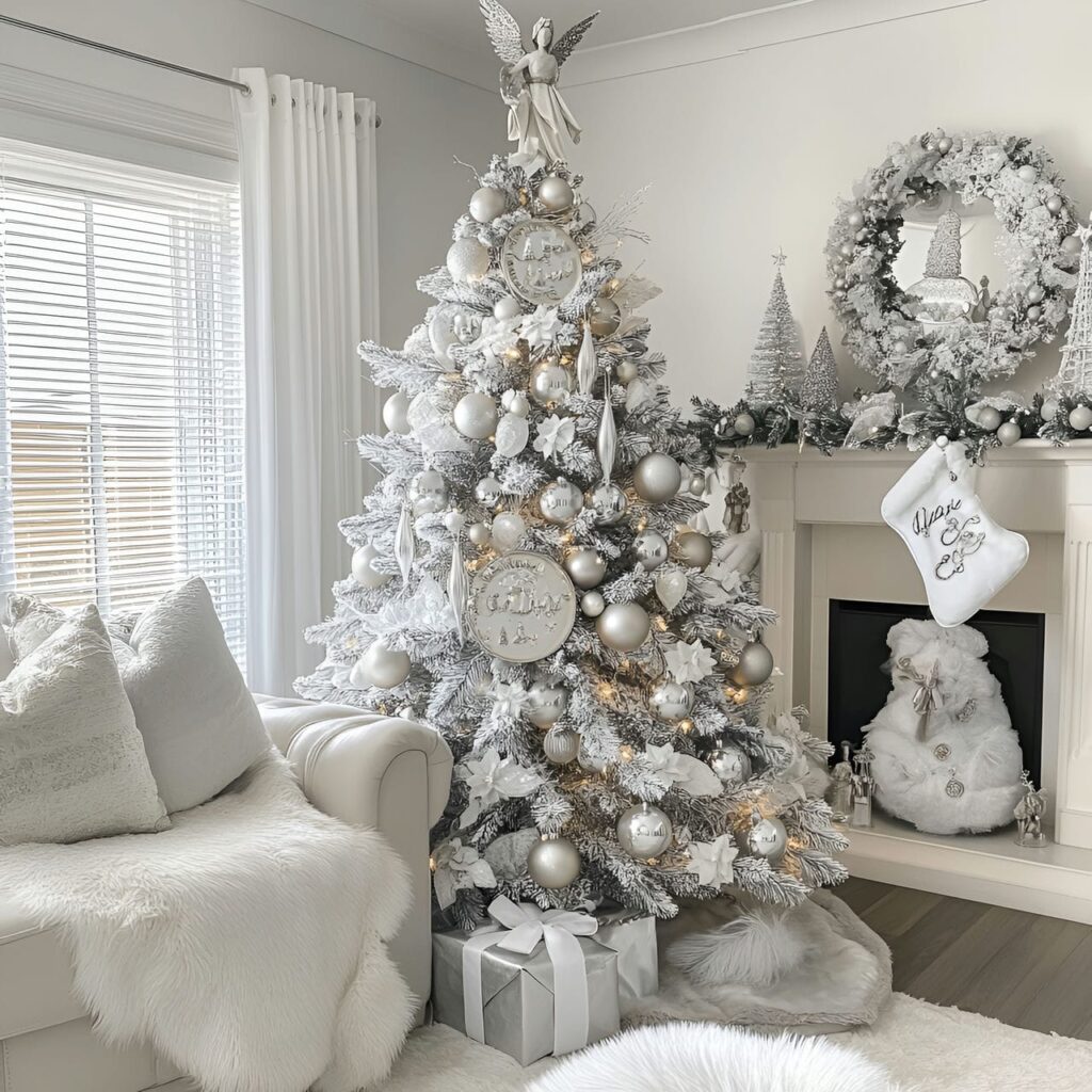 15. White Tree with Silver Bells and Angel Topper