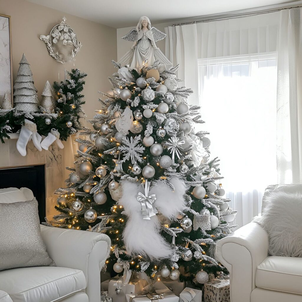 15. White Tree with Silver Bells and Angel Topper