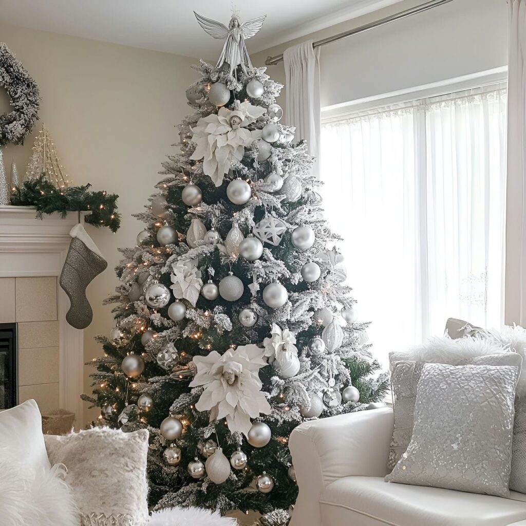 15. White Tree with Silver Bells and Angel Topper