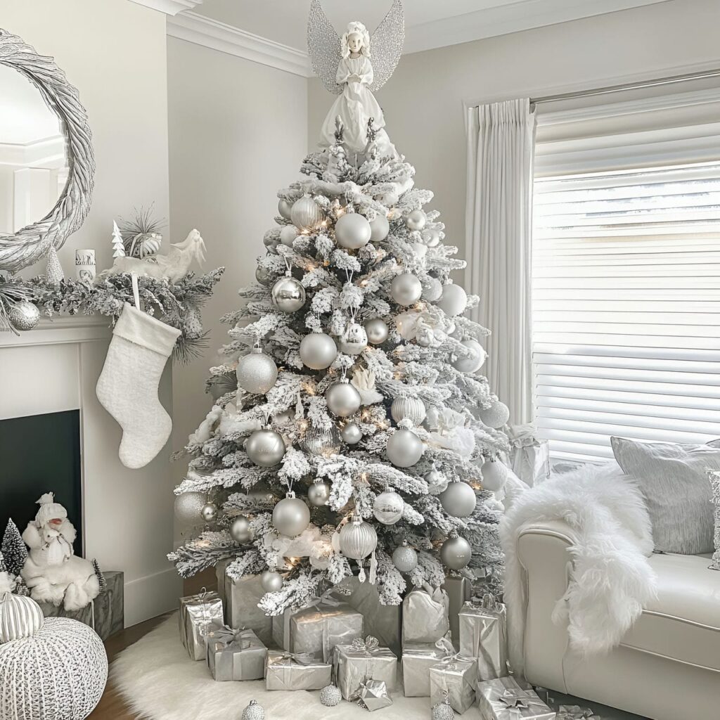 15. White Tree with Silver Bells and Angel Topper