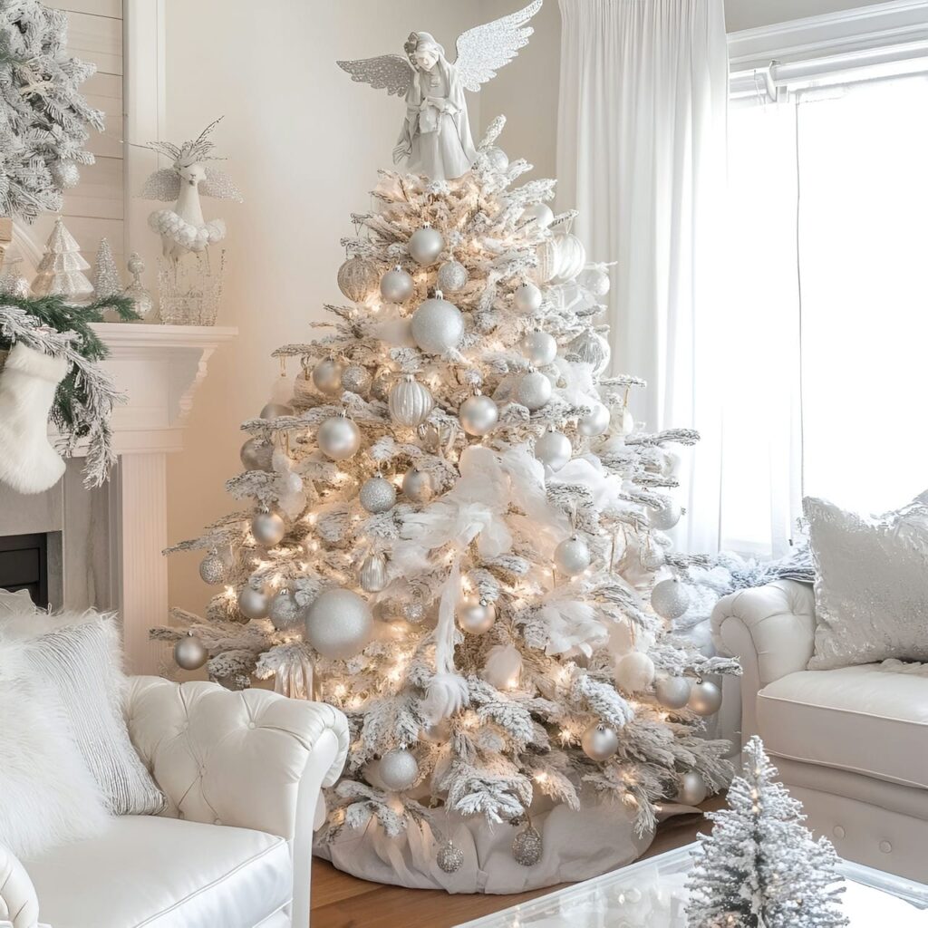 15. White Tree with Silver Bells and Angel Topper