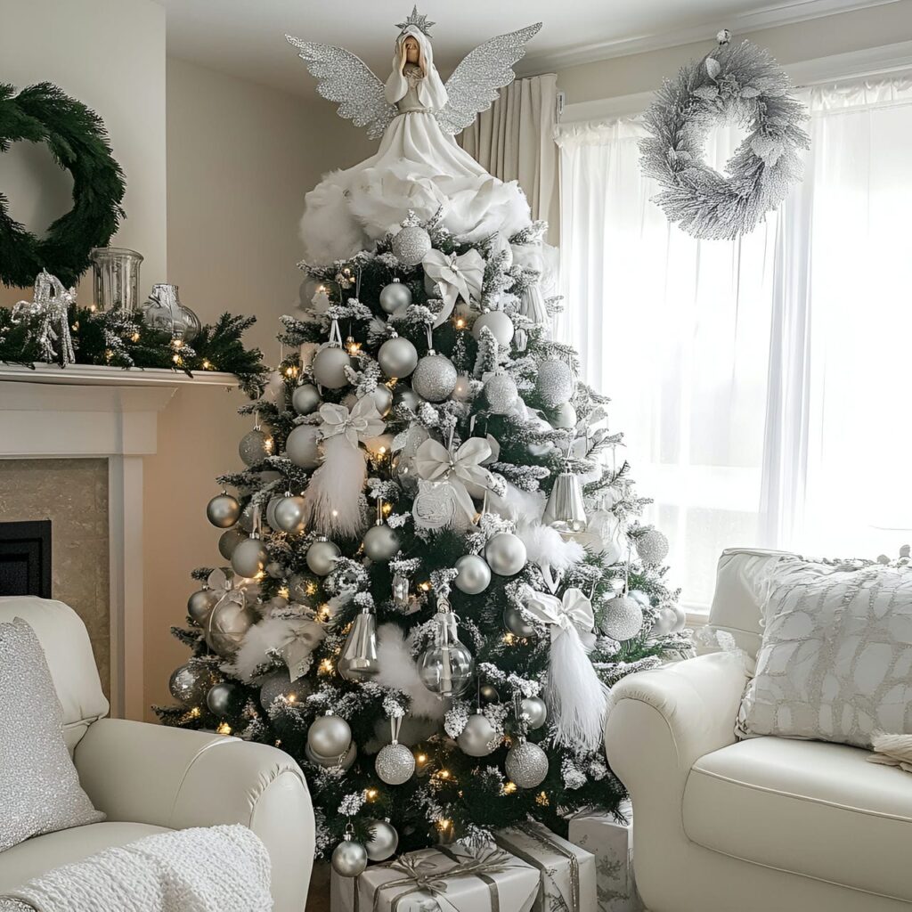 15. White Tree with Silver Bells and Angel Topper