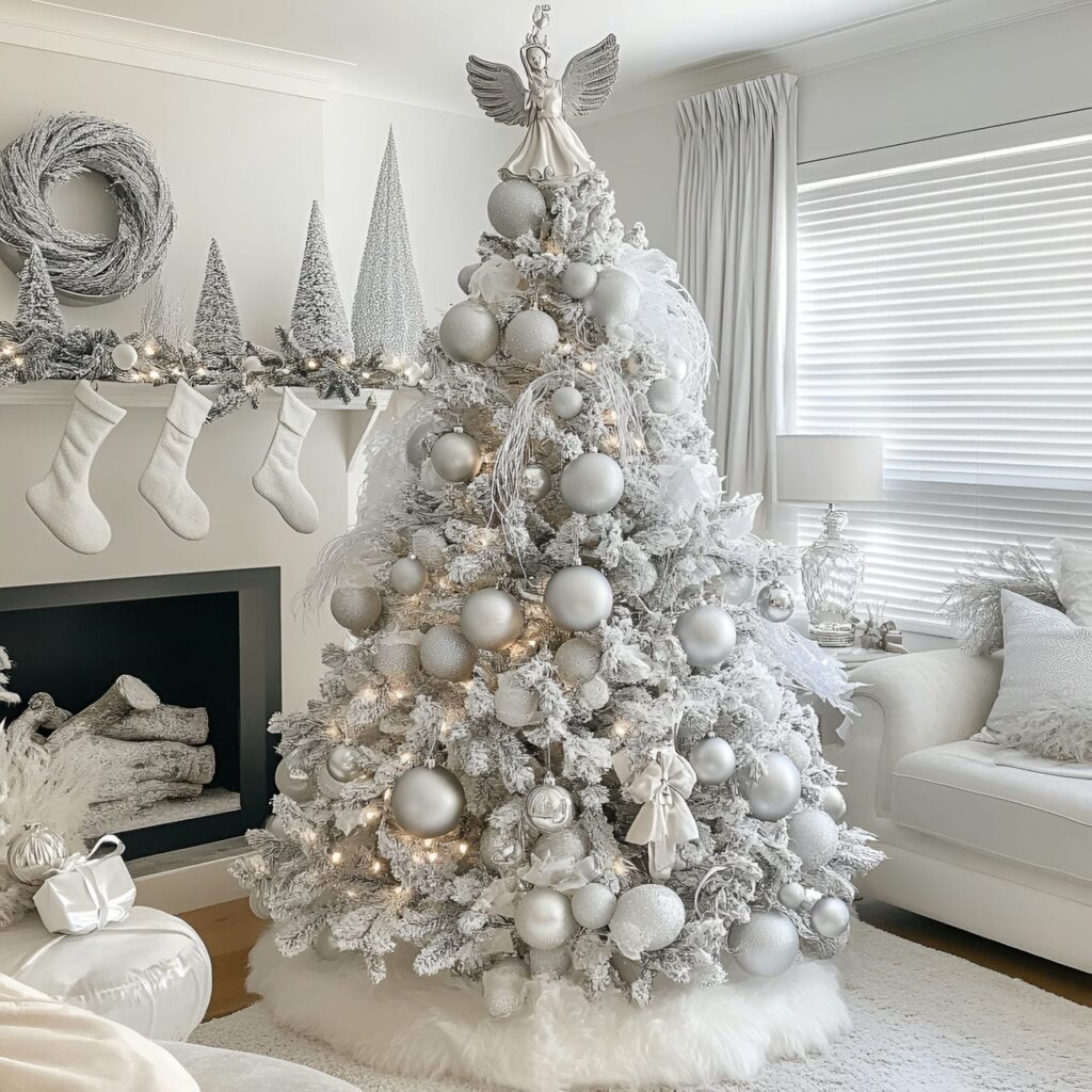 15. White Tree with Silver Bells and Angel Topper