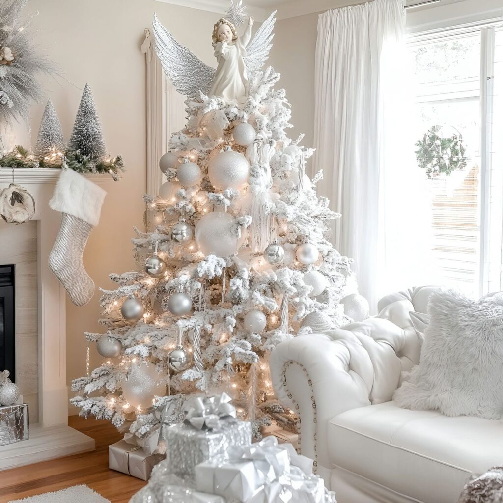 15. White Tree with Silver Bells and Angel Topper