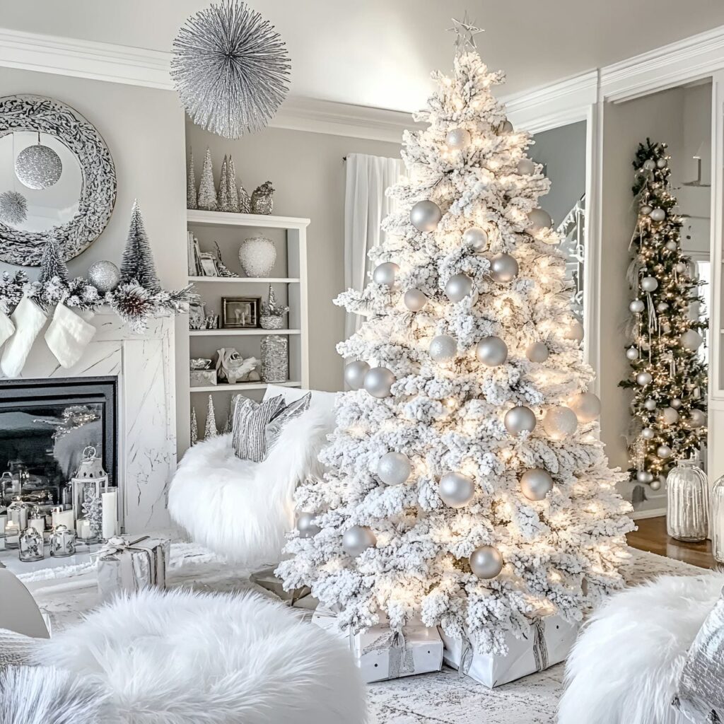 18. White Tree with Silver Garland and Elegant Lights